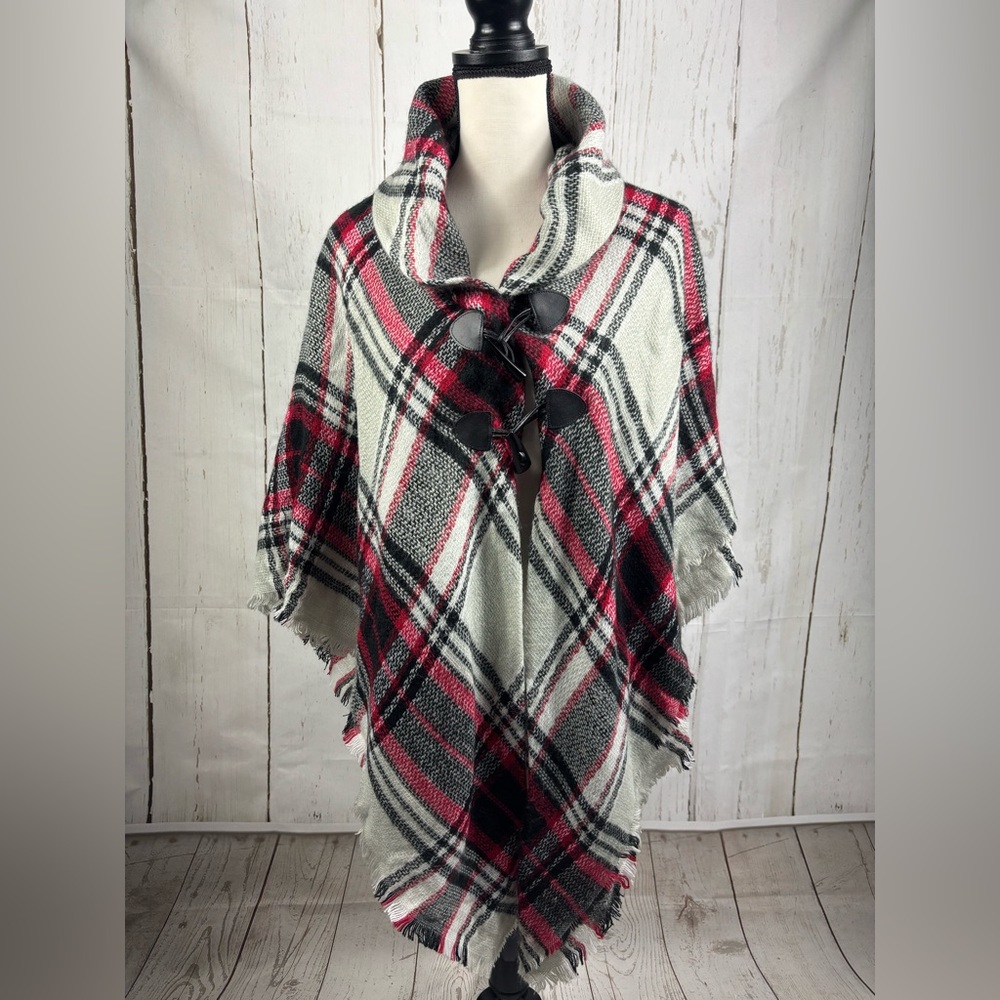 Mixit Red and Black Plaid Poncho Toggle Closure One Size